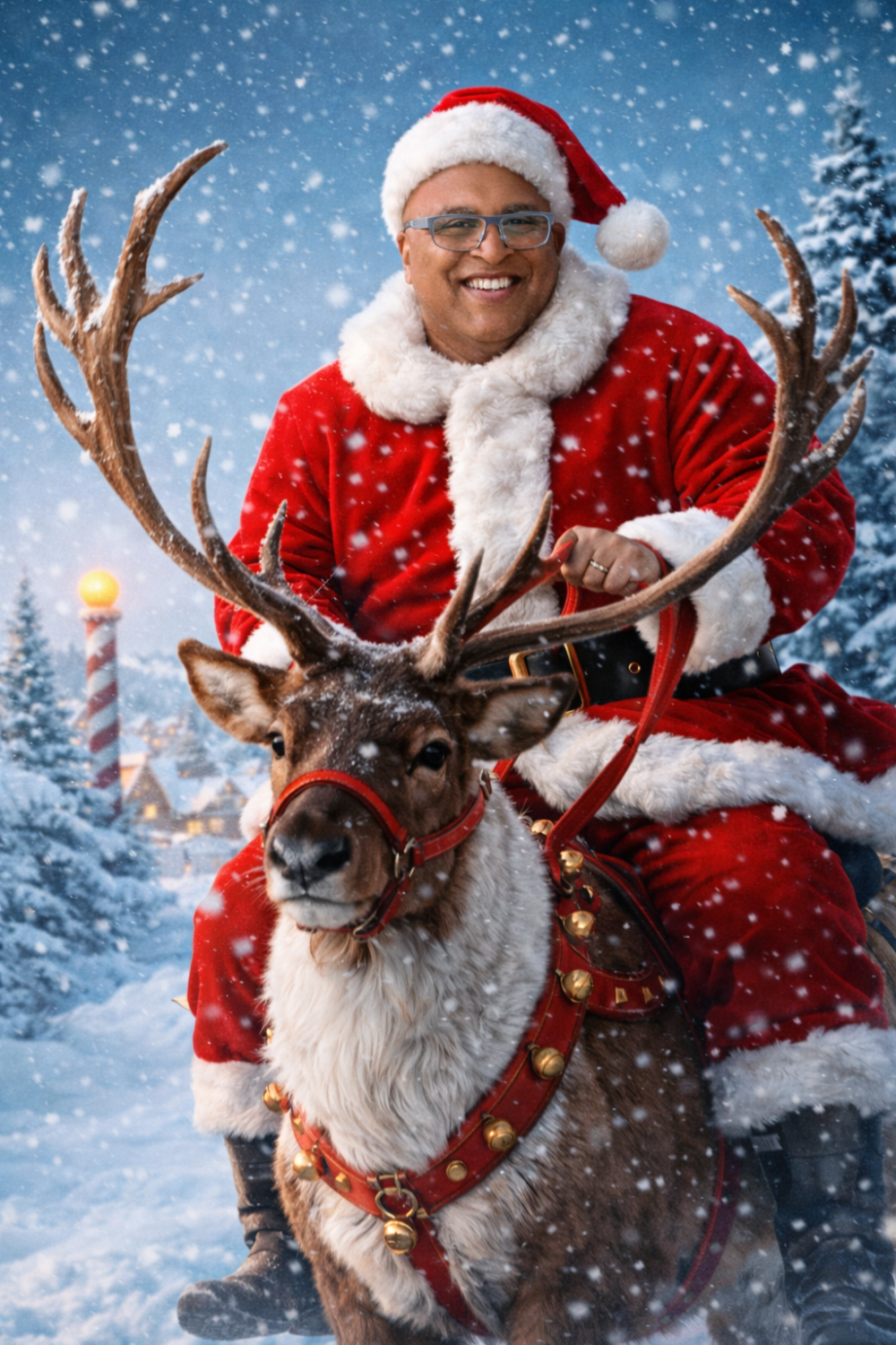 David as Santa riding reindeer.